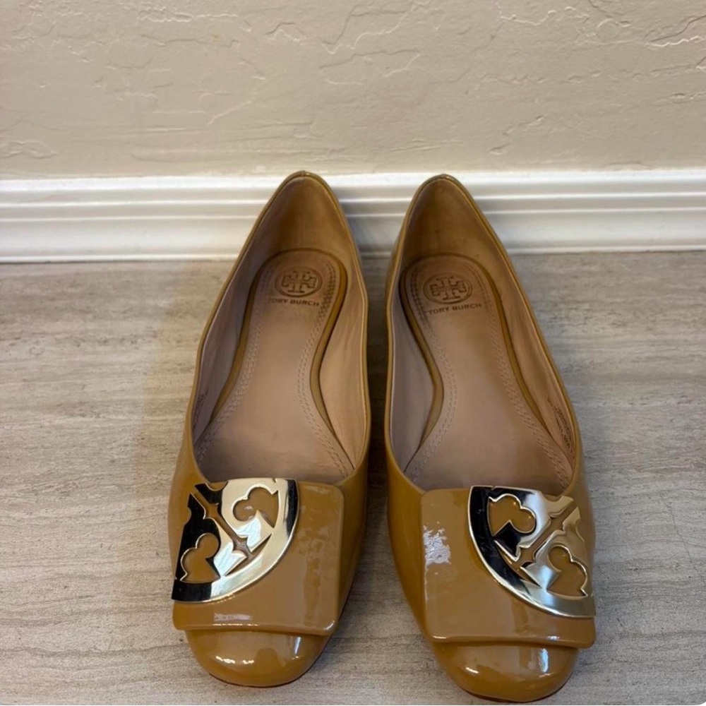 Tory Burch Mustard Patent Leather Logo Flats